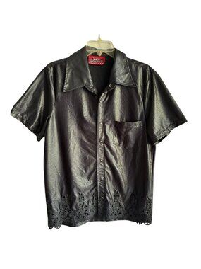 Rare Vintage Lip Service Men Blk Short Sleeve Goth wet look Lace Embroidered Lg